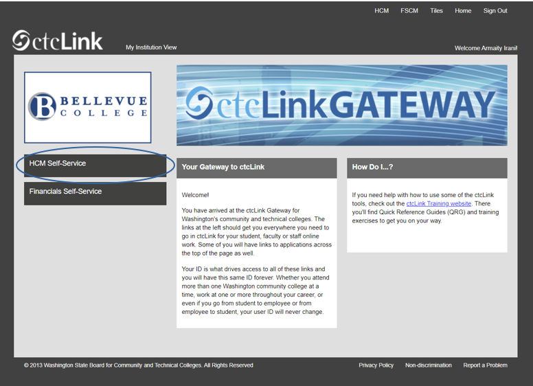 screenshot highlighting the "HCM Self-Service" link
