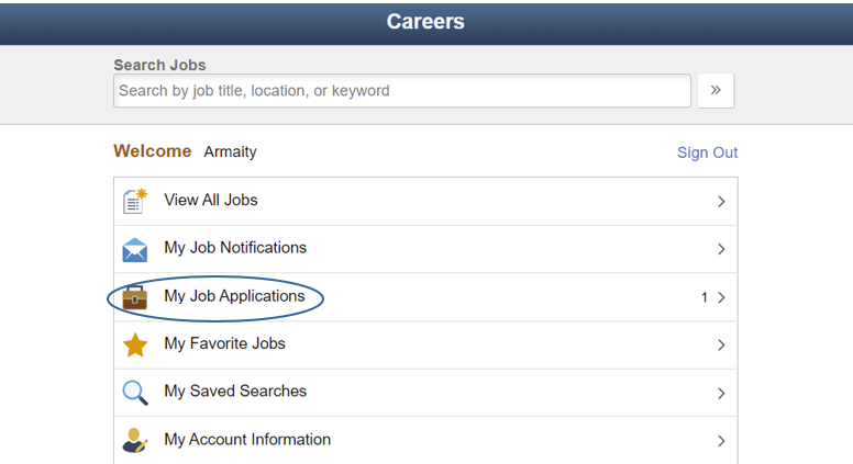 A screenshot of the Job Portal shows the option titled My Job Applications circled, among the other options.