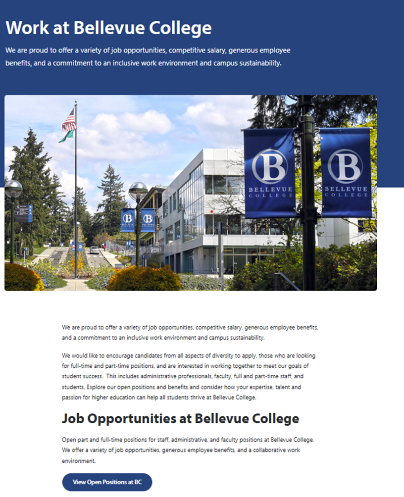 Screenshot of "Work at Bellevue College" webpage.