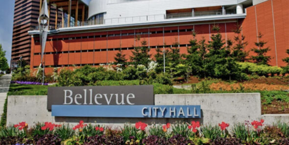 Bellevue City Hall sign and building.