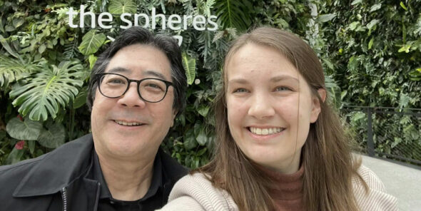Two people take a selfie.
