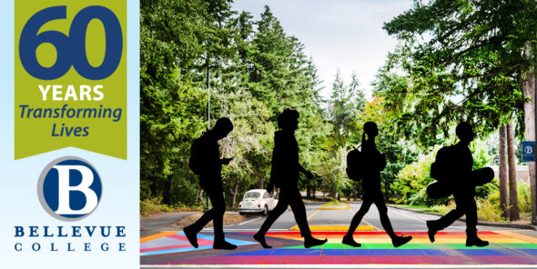 60 Years of Transforming Lives, Bellevue College. A graphic of four silhouettes walking across the rainbow crosswalk on campus.