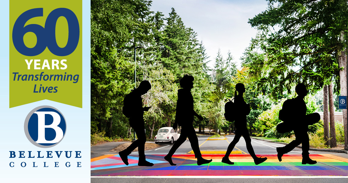 60 Years of Transforming Lives, Bellevue College. A graphic of four silhouettes walking across the rainbow crosswalk on campus.