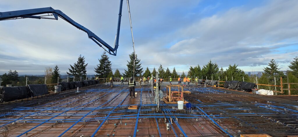 Roof of W Building with construction workers and a blue crane. 