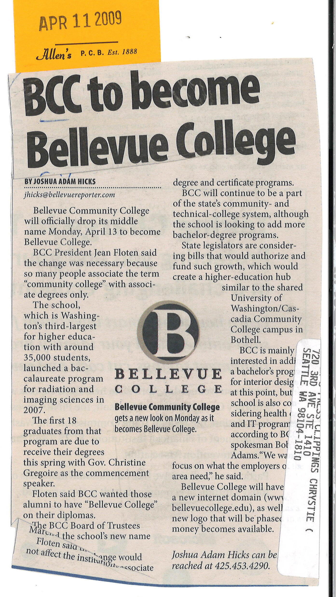 Newspaper clipping of a story on Bellevue College's name change from Bellevue Community College.