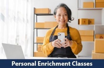 A smiling woman taking a selfie with a small bottom banner that says "Personal Enrichment Classes"