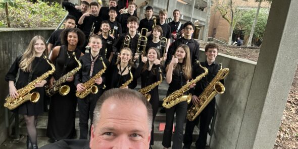 Matt Edwards with the Madrona K-8 Jazz Ensemble. (Photos courtesy Matt Edwards)