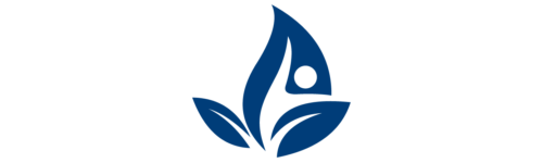 An icon of a human body reaching skyward while surrounded by leaf shapes.