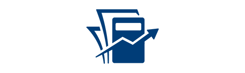 An icon of a calculator, documents, and an upward-facing arrow.