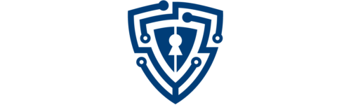 An icon of circuitry shaped like a shield, with a keyhole in the center.