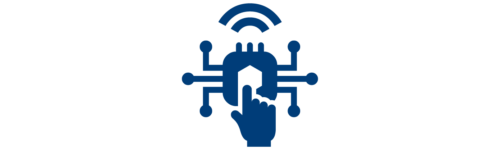 An icon of a finger pointing to a device that emanates waves.