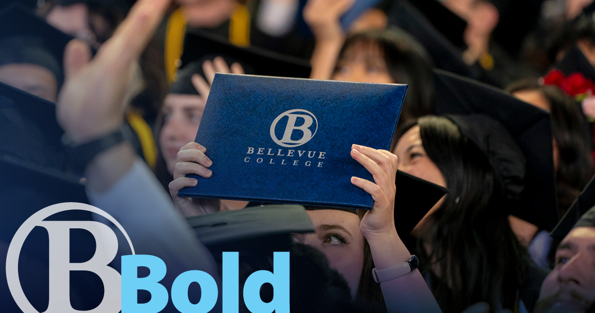 Bellevue College grads at commencement; the text displays the Bellevue College logo juxtaposed with the word 