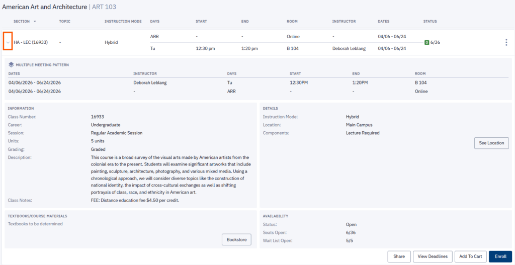 The expanded view of a course with the dropdown arrowhead outlined.