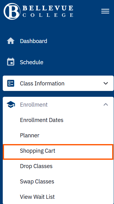 Locating the shopping cart on the main menu