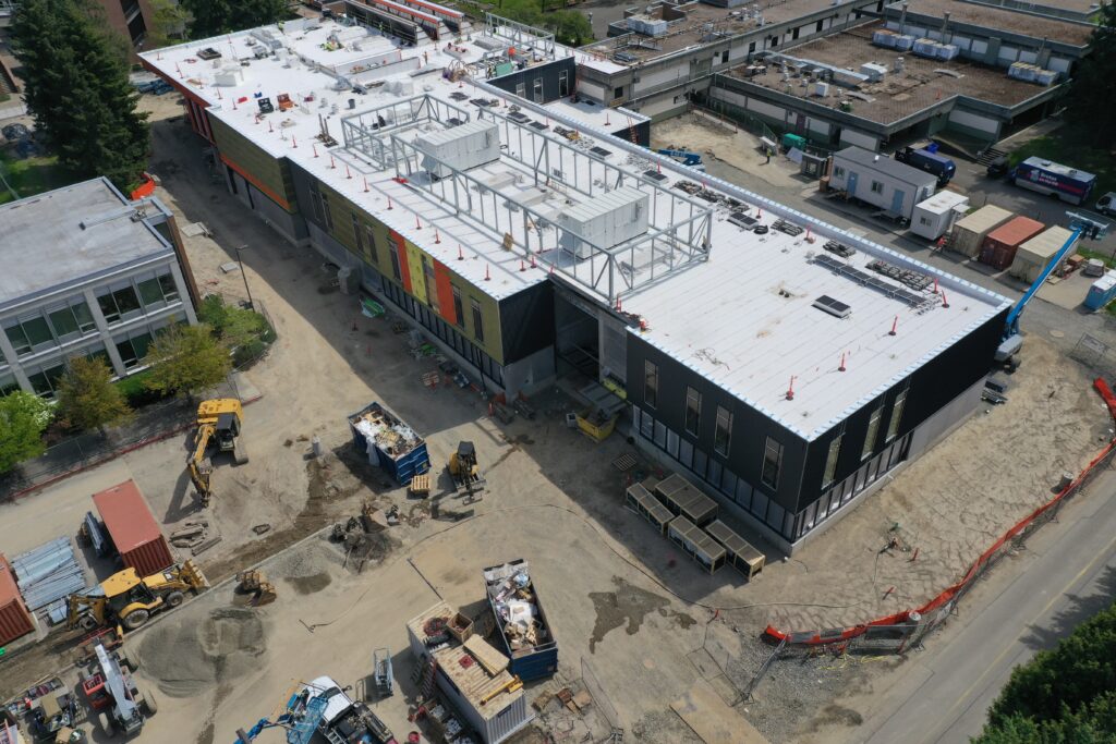 Aerial view of the W Building under construction.