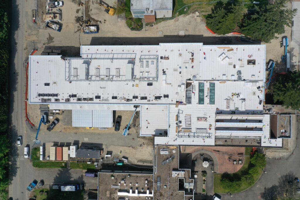 Aerial view of the W Building under construction.