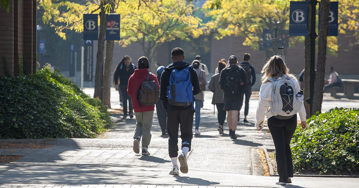 Students stroll on the Bellevue College campus.