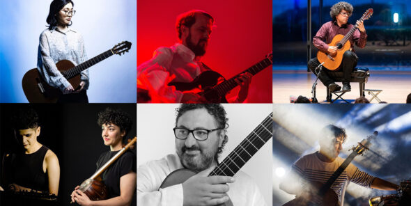 Six guitarists playing guitar in different settings with different color backgrounds.
