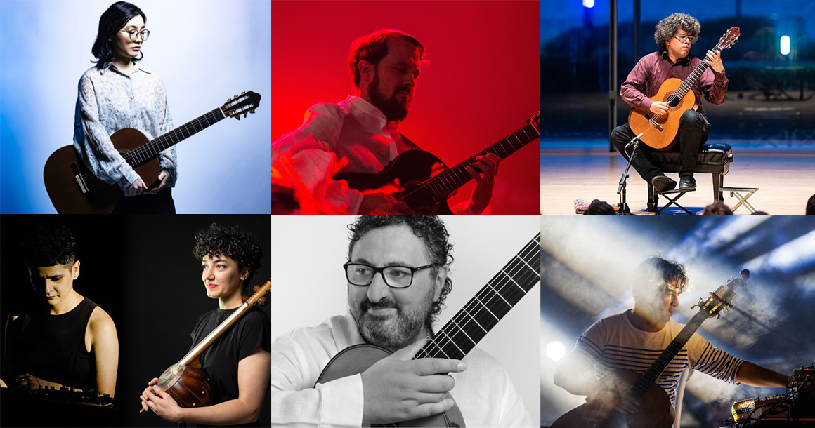 Six guitarists playing guitar in different settings with different color backgrounds.