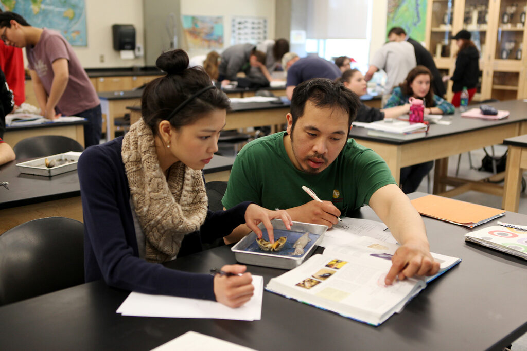 Students collaborate in the science lab.