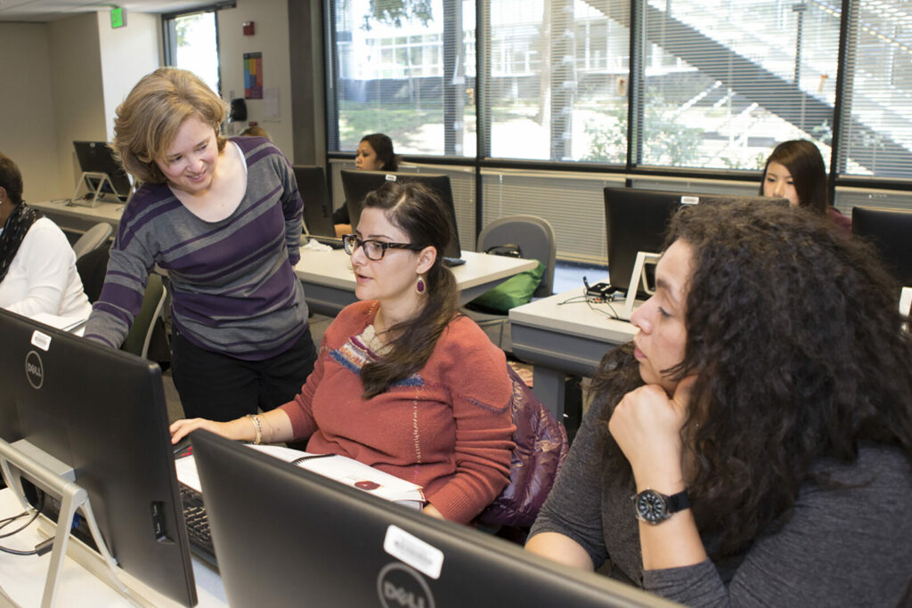 Students collaborate and discuss in a computer lab.