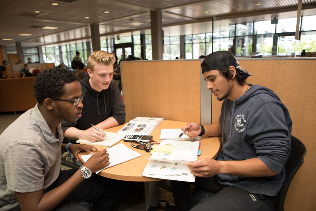 Three students study together.