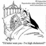 Cartoon of vampire about to bite a woman who is saying, "I'd better warn you - I've high cholesterol!"
