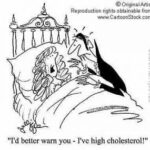 Cartoon of vampire about to bite a woman who is saying, "I'd better warn you - I've high cholesterol!"