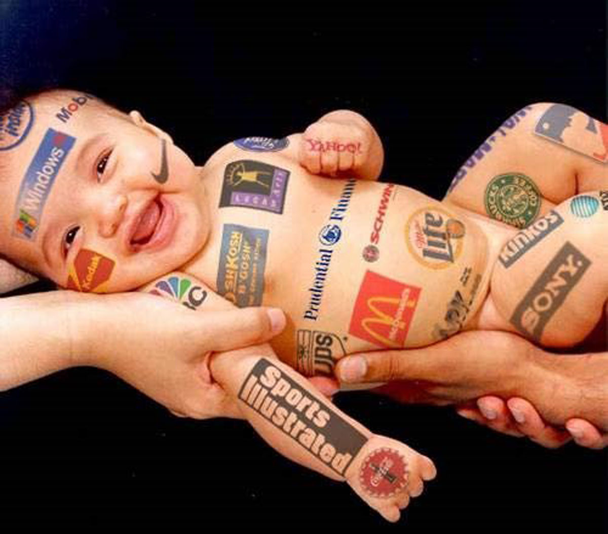 Baby covered in advertisements