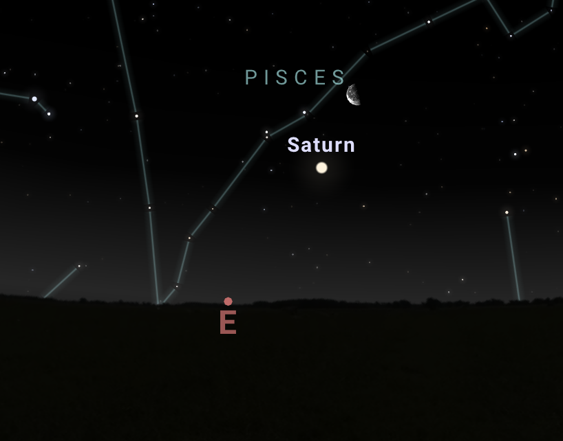 Saturn and the Moon close together in the sky towards the east.