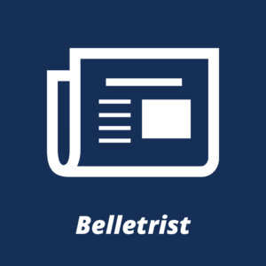 White outline of a magazine with "Belletrist" written under it on a navy blue background. 