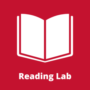 White graphic of a book on a red background that reads Reading Lab.