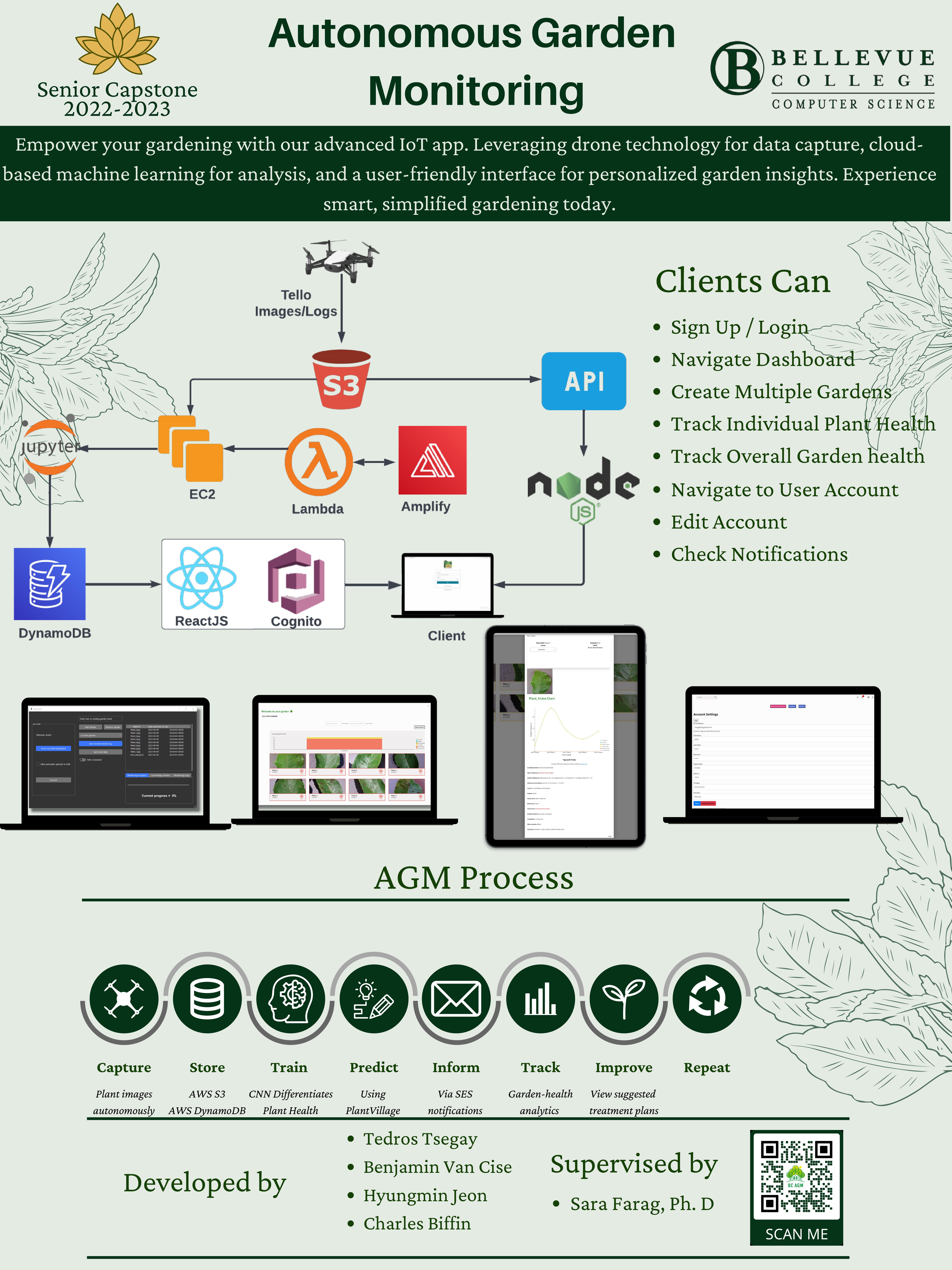 CS Senior Capstone poster for the Autonomous Garden Monitoring Project. The poster contains screenshots of the user interface, lays out the AGM process, and highlights features for users. The poster contains a written description of the project: "Empower your gardening with our advanced IoT app. Leveraging drone technology for data capture, cloud-based machine learning for analysis, and a user-friendly interface for personalized garden insights. Experience smart, simplified gardening today."