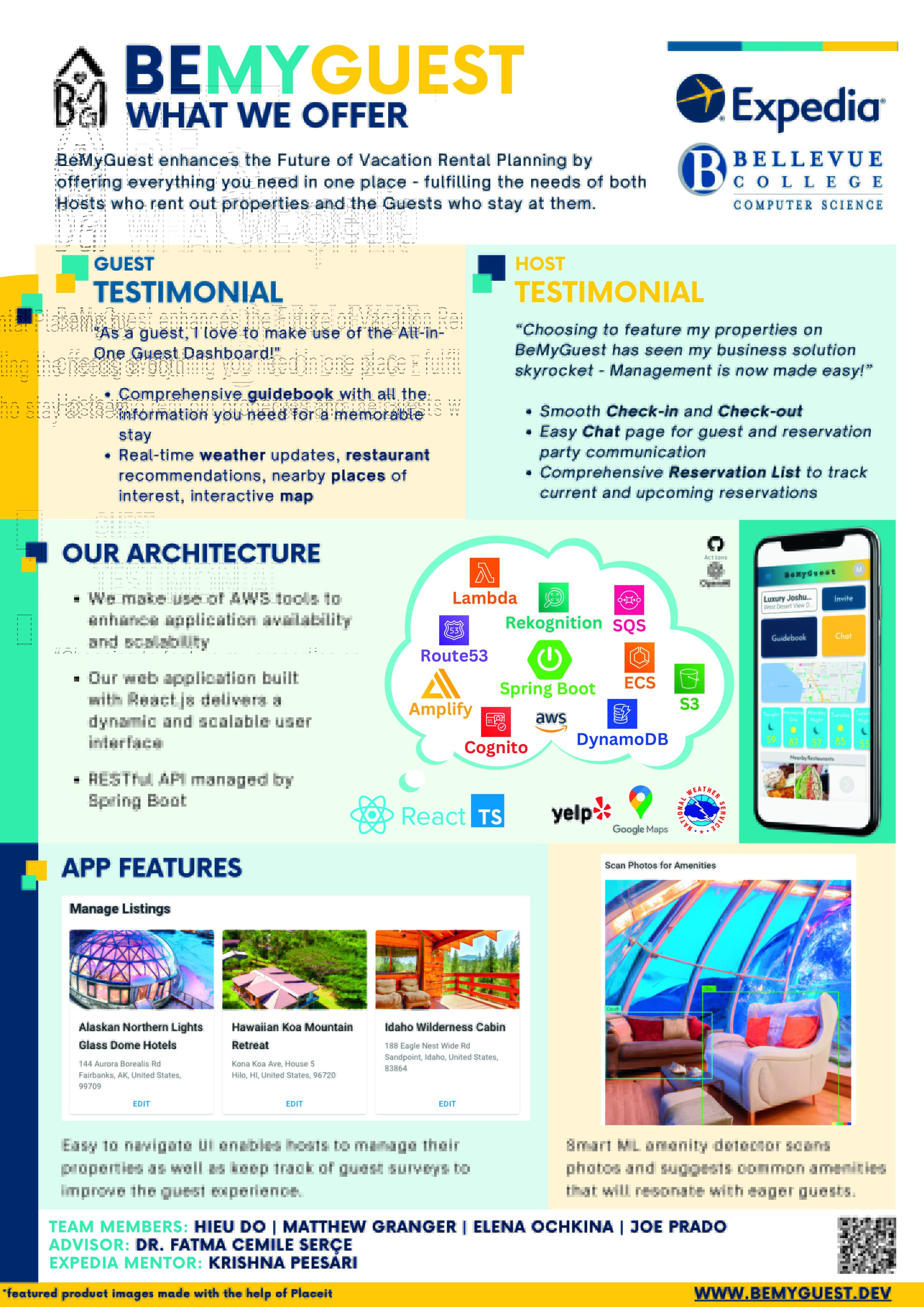 CS Senior Capstone poster for the project BeMyGuest. The poster contains a guest testimonial, a host testimonial, app architecture, and app features. The poster has the following overview of the project: "BeMyGuest enhances the future of vacation rental planning by offering everything you need in one place - fulfilling the needs of both hosts who rent out properties and the guests who stay at them."