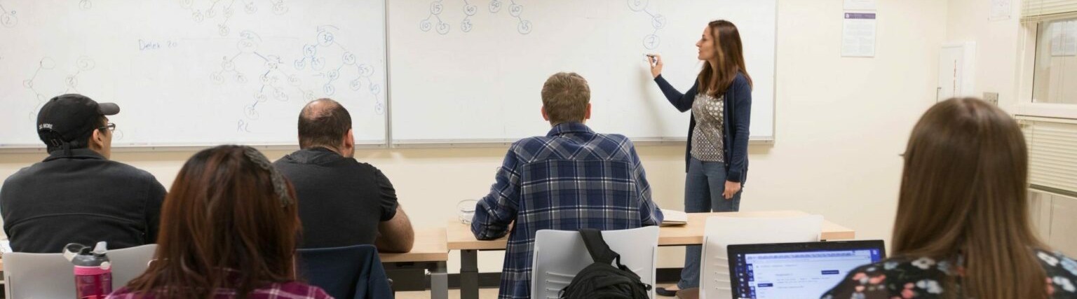 Instructor lecturing to a group of students in front of a whiteboard