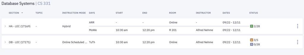 CS 331 example class times and modalities