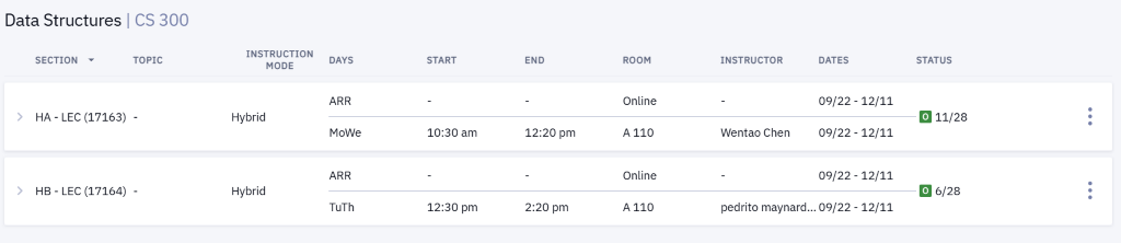 Example of CS 300 class times and modalities.