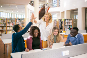 Multiethnic group of students at the library