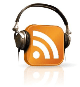 Modified podcast logo with headphones hooked on