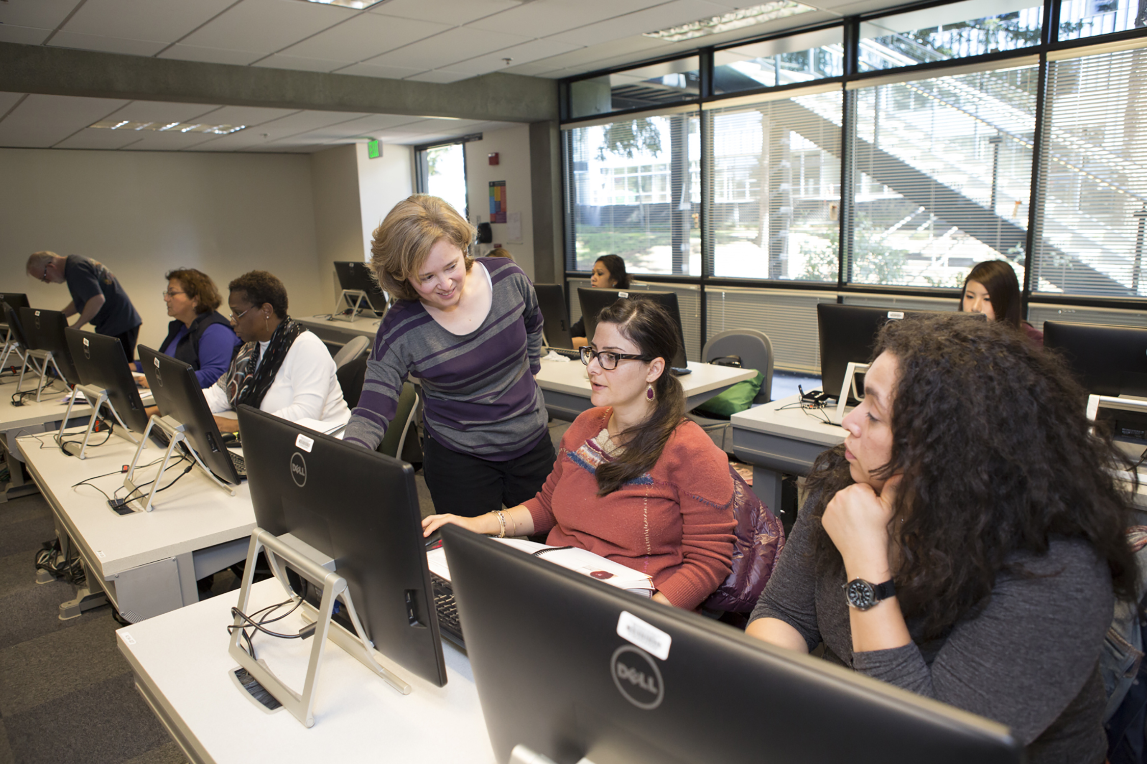 Picture of classroom with instructor and computer lab represents the topic of Professional Training Courses and is decorative only.