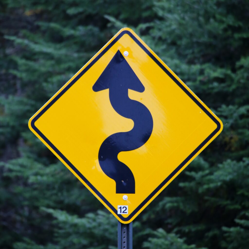 yellow road sign with snake like arrow and deep green trees behind the sign