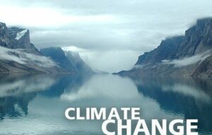 Photo of lake with mountains with the words climate change on the photo