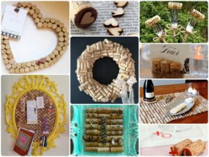 Multiple photos of upcycled wine cork projects