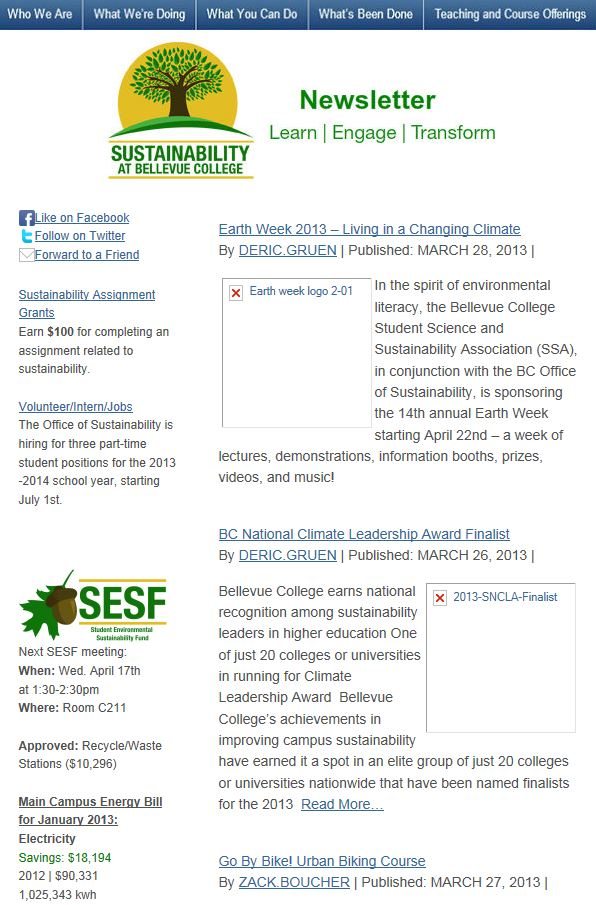 March 2013 newsletter screen shot