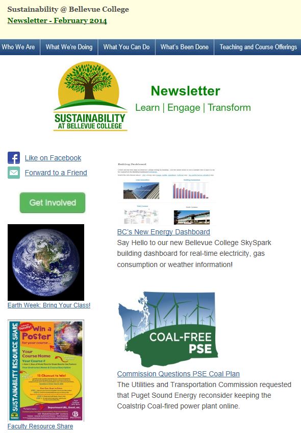 Sustainability at Bellevue College February 2014 Newsletter screen shot