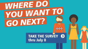 This is a picture that says Where do you want to go next? There are three people in the picture: a white man, a black woman, and young girl. The man is holding a sign that says take the survey through July 8