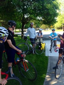 Students gather with bikes outside during the 2014 Bike-ability audit.