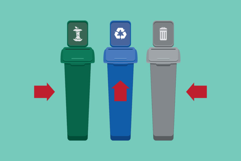 Waste sorting bins vector icon