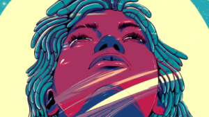 A drawing of a purple woman with blue hair taken from grist.submittable.com