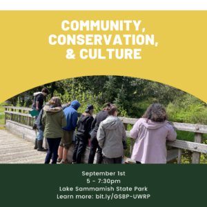 Community Conservation and culture event post with people standing on a bridge